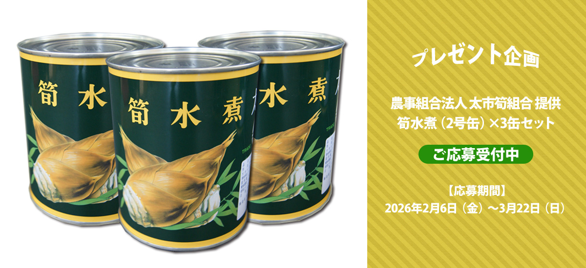 プレゼント企画　太市筍組合 提供「筍水煮（2号缶）×3缶セット」 応募期間 2026年2月6日（金）～3月22日（日）