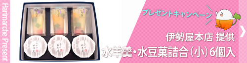 はりまるしぇプレゼント プレゼントキャンペーン 伊勢屋本店提供「水羊羹・水豆菓詰合（小）6個入」